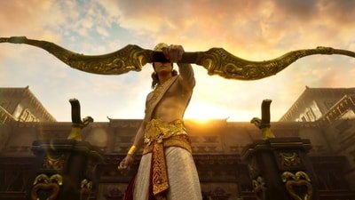 Ranbir Kapoor as Lord Rama lifting the bow at Sita's swayamvar.