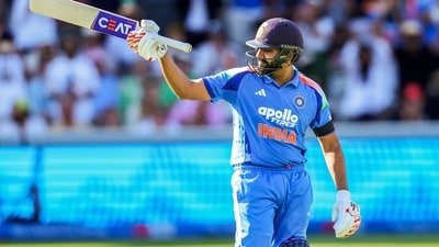 India's Rohit Sharma celebrates his century during 3rd ODI against England, at Lord's in London on Sunday (ANI Pic Service)