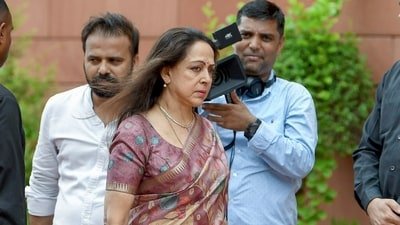 BJP MP Hema Malini at the Parliament premises on the first day of the Monsoon Session, in New Delhi on Monday. (ANI Photo/Rahul Singh) (Rahul Singh) BJP MP Hema Malini at the Parliament premises on the first day of the Monsoon Session, in New Delhi on Monday. (ANI Photo/Rahul Singh) (Rahul Singh)