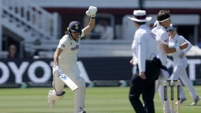 India's Yastika Bhatia celebrates as she runs between the wickets after reaching her hundred. (AP) India's Yastika Bhatia celebrates as she runs between the wickets after reaching her hundred. (AP)