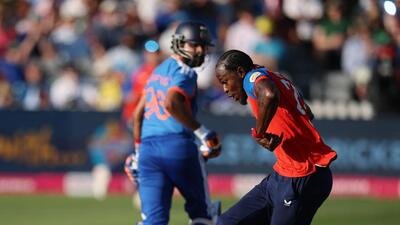 England's Jofra Archer kicks the ball onto the stumps to run out India's Axar Patel at Bristol, Britain (Reuters)