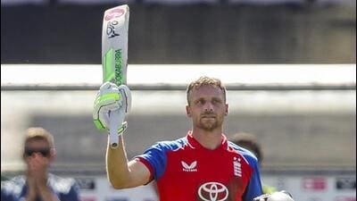 England's Jos Buttler celebrates his century during the 5th T20I against India, at The Rose Bowl ground in Southampton on Saturday. (ANI)