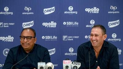 File image of BCCI secretary Devajit Saikia (L) and chairman of the BCCI selection committee Ajit Agarkar smile during a press conference in Mumbai on June 6, 2026. (AFP) File image of BCCI secretary Devajit Saikia (L) and chairman of the BCCI selection committee Ajit Agarkar smile during a press conference in Mumbai on June 6, 2026. (AFP)