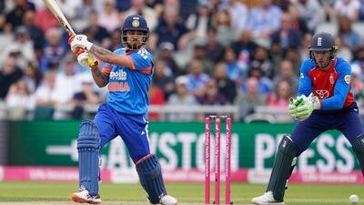 India's Ishan Kishan plays a shot during the second T20I against England at the Old Trafford ground on Saturday. (AP) India's Ishan Kishan plays a shot during the second T20I against England at the Old Trafford ground on Saturday. (AP)