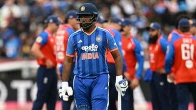 India's Sanju Samson (C) walks off after being dismissed during the first Twenty20I match between England and India at the Riverside Ground in Chester-le-Street. (AFP) India's Sanju Samson (C) walks off after being dismissed during the first Twenty20I match between England and India at the Riverside Ground in Chester-le-Street. (AFP)