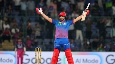 Ashutosh Sharma celebrates a Delhi Capitals win in the IPL earlier this year. (PTI) Ashutosh Sharma celebrates a Delhi Capitals win in the IPL earlier this year. (PTI)