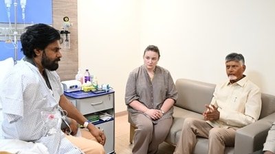 Pawan Kalyan with Anna Konidela and Andhra CM Chandrababu Naidu post his shoulder surgery.