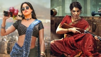 Janhvi Kapoor and Samantha Ruth Prabhu in stills from Peddi and Maa Inti Bangaaram. Janhvi Kapoor and Samantha Ruth Prabhu in stills from Peddi and Maa Inti Bangaaram.