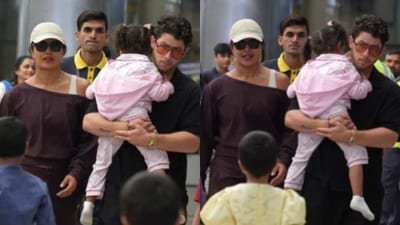 Priyanka Chopra Jonas with Nick Jonas and daughter Malti Marie at the Hyderabad airport.
