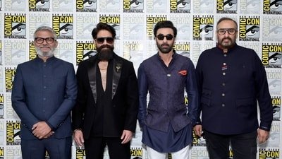 Nitesh Tiwari, Yash, Ranbir Kapoor and Namit Malhotra attend the Ramayana press line during 2026 Comic-Con International: San Diego at Hilton Bayfront on July 23, 2026 in San Diego, California.  
(Photo by Emma McIntyre / GETTY IMAGES NORTH AMERICA / Getty Images via AFP) (Getty Images via AFP)