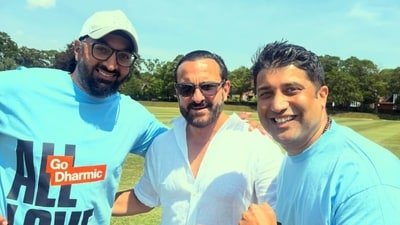 Saif Ali Khan joins Usman Afzaal and Monty Panesar for a charity cricket match in England.