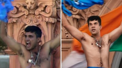 Rajkummar Rao (R) recreated Sourav Ganguly's Lord's balcony celebration for the first look of his biopic Dada. Rajkummar Rao (R) recreated Sourav Ganguly's Lord's balcony celebration for the first look of his biopic Dada.