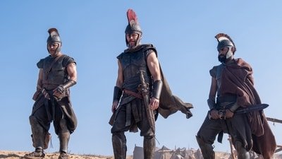 This image released by Universal Pictures shows, from left, Jimmy Gonzales ia Cepheus, Matt Damon as Odysseus and Himesh Patel as Eurylochus in a scene from "The Odyssey." (Via AP)