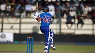 Shreyas Iyer reacts to his first series win as India's T20I captain. (AP Photo/Wonder Mashura)