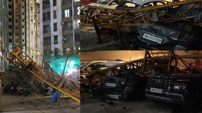 A construction crane collapsed from a high-rise building on Mira Road. The incident killed one person and damaged several parked vehicles below (Photo credit: X) 1 dead, several vehicles crushed after crane collapses from high-rise in Mumbai's Mira Road