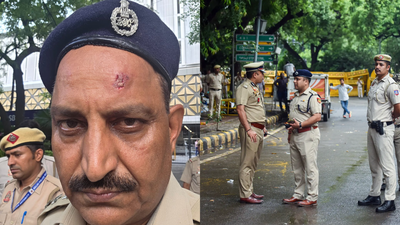 ACP Jai Prakash (left) sustained an injury to his forehead in the stone-pelting incident on Wednesday afternoon. Delhi ACP injured in fresh stone-pelting near Tolstoy Marg as CJP protest continues at Jantar Mantar; security upped
