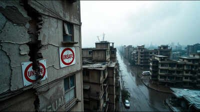 Ageing, unsafe buildings succumbing to the monsoon's relentless downpour, revealing their vulnerability. AI-generated image When does a building become unsafe? Check rules in Delhi, Mumbai, Bengaluru