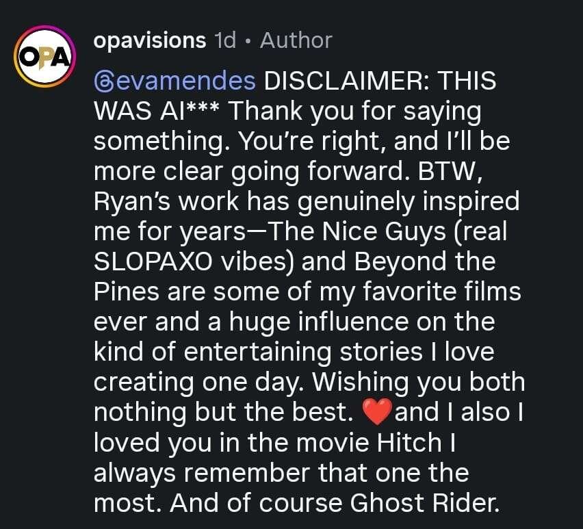 AI creator adds disclaimer after Eva Mendes' response