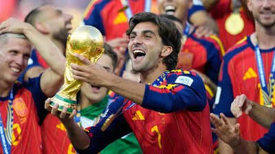 Spain's Ferran Torres celebrates with the trophy after winning the World Cup final soccer match between Spain and Argentina in East Rutherford, N.J., near New York, Sunday, July 19, 2026. (AP Photo) FIFA WC: Spain set all-time World Cup defensive record with just one goal conceded en route to 2026 crown