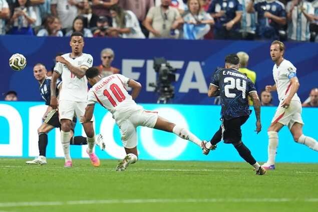 Argentina's Enzo Fernandez (24) scores the opening goal during the World Cup semifinal match between England and Argentina in Atlanta, Wednesday, July 15, 2026. (AP Photo)
