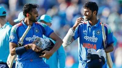 Axar Patel (left) and Washington Sundar added unbeaten 102 runs for the fifth wicket in the first ODI against England. (BCCI | X) Road to South Africa up and running: Washington Sundar, Axar Patel deliver with bat and ball at Edgbaston