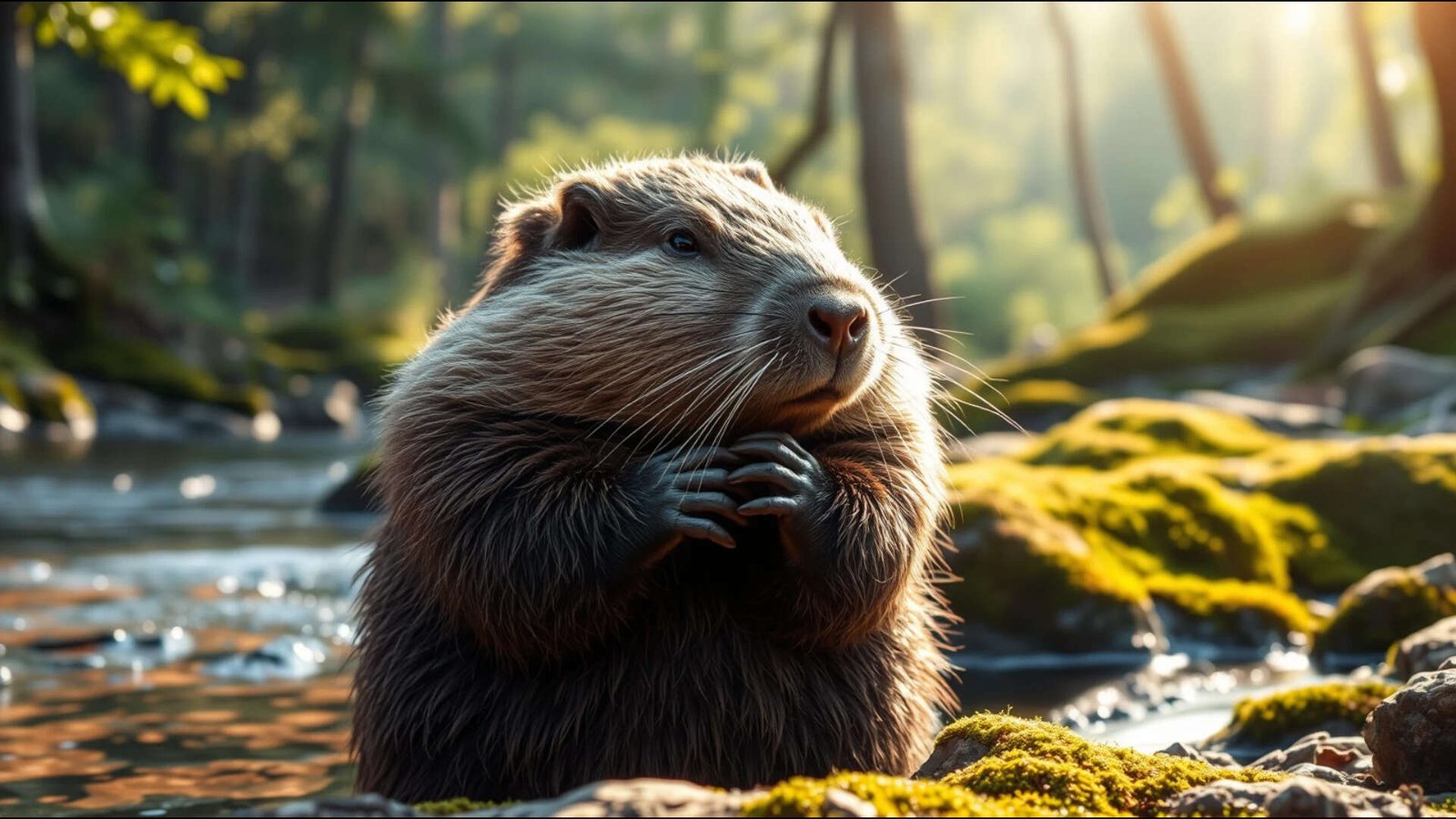 Beaver grooming in forest river