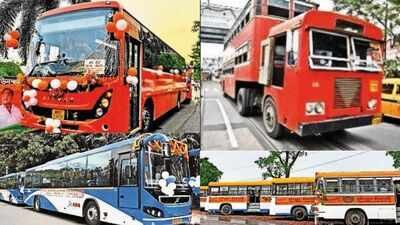 (Clockwise from left) An AC bus painted in saffron that was launched last week; buses from previous regimes Red, blue, saffron: Buses in Bengal show changing colours of politics