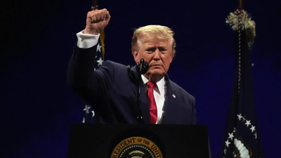 President Donald Trump gestures at the conclusion of his speech during Salute to America, an Independence Day event honoring the nation's 250th anniversary 'We are heroic people with heroic spirit': Donald Trump marks America's 250th Independence Day