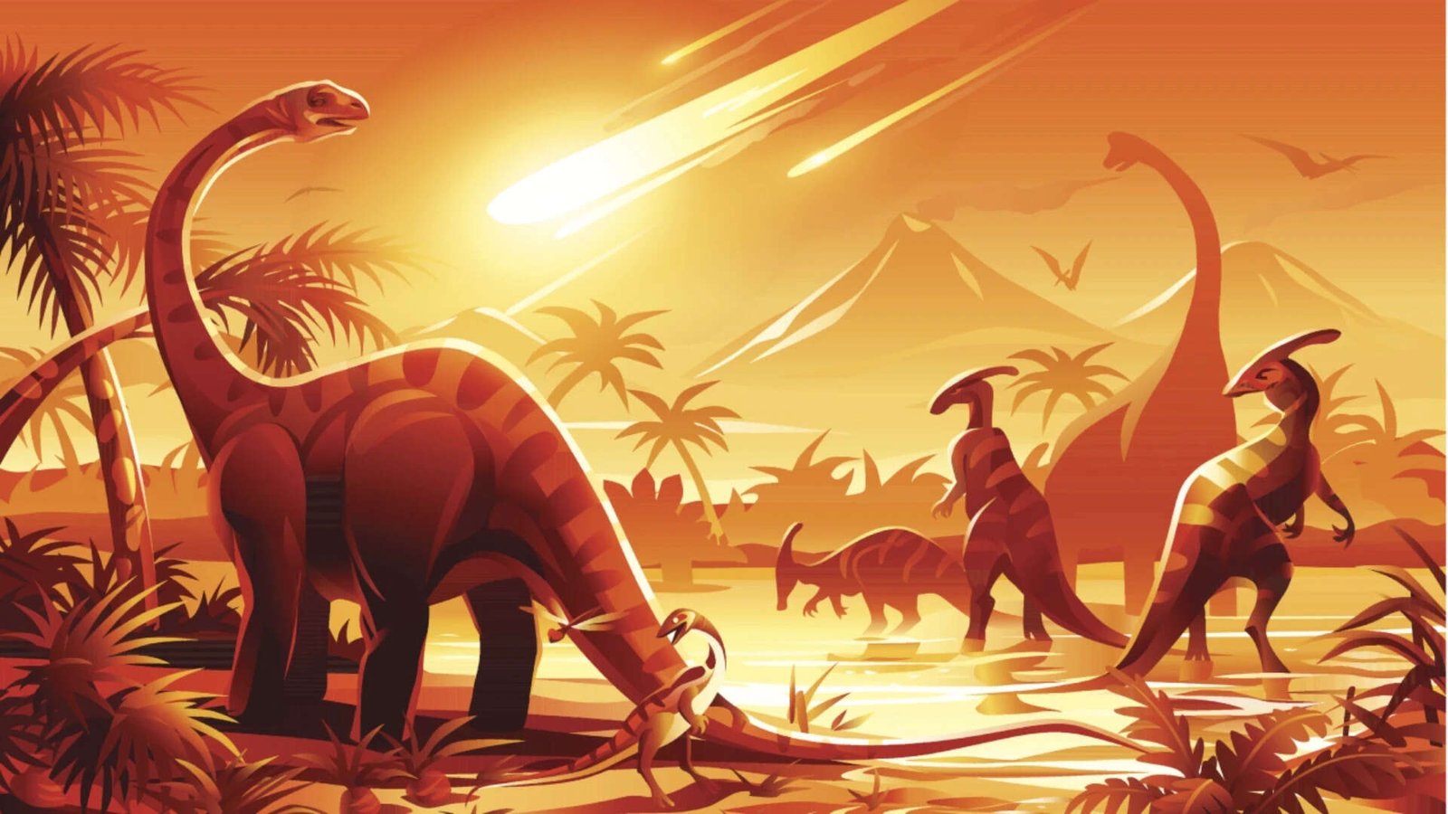 Detailed illustration of a prehistoric scene showing a meteor impact causing dinosaur extinction