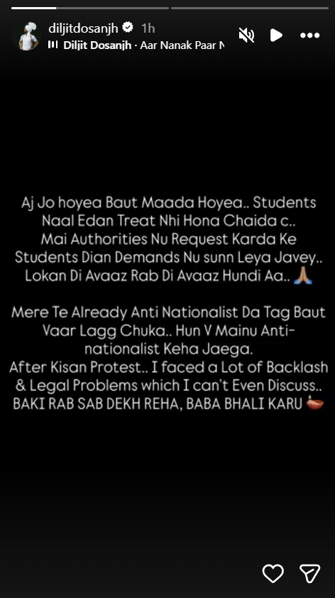 Diljit Dosanjh took to Instagram to express his concern