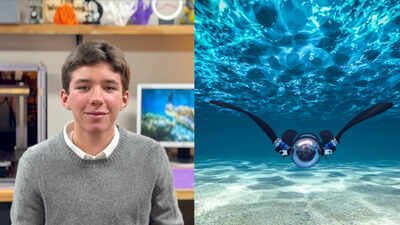 Evan Budz, 16, with the autonomous bionic sea turtle robot that uses AI and an underwater holographic camera to detect microplastics in lakes — the project that won him a $50,000 scholarship at the 2026 Regeneron ISEF. This 16-year-old Canadian student built an AI robot turtle that hunts plastic invisible to the eye, and won $50,000 for it