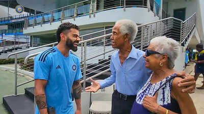 Virat Kohli with legendary West Indies cricketer Garfield Sobers and his wife. (PTI Photo) 'A true icon of the game': BCCI pays tribute to Sir Garfield Sobers with throwback video
