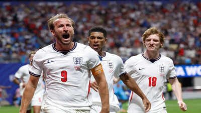 England's Harry Kane (9) celebrates after scoring his side's first goal against Congo in Atlanta. (AP/PTI Photo) FIFA World Cup Golden Boot race: Harry Kane draws level with Erling Haaland, closes in on Lionel Messi and Kylian Mbappé