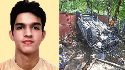 The accident site where a 20-year-old student, Yashvendra Singh, was killed after his car rammed a tree and plunged into an open drain in south Delhi's Vasant Kunj Friday Stuck in driving seat, pulled out from drain too late: How a gym outing turned fatal for 20-year-old US student in Delhi