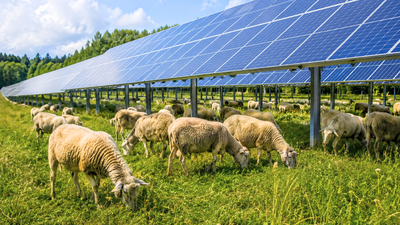 Representative AI Image In Massachusetts, sheep came to a solar farm looking for shade and ended up mowing the grass beneath the panels, turning clean energy land into a grazing site