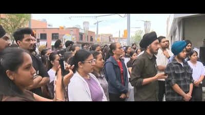 Indian students protesting in front of their college in Calgary, Canada, after they were refused work permit by the government. After paying $32000 tuition fee for 2 years, Indian students in Canada told they are not eligible for post-graduation work permit