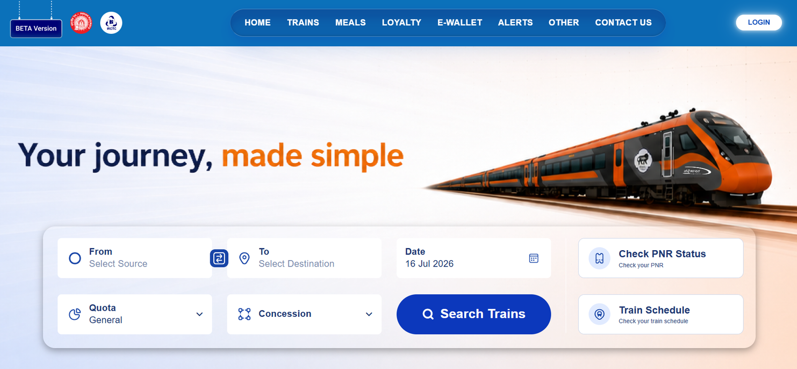 IRCTC Beta interface