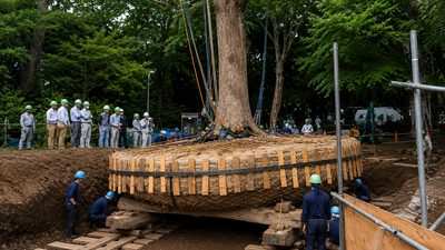 Japan does not cut down centuries-old trees for development. Instead, experts spend months preparing their roots and relocating them