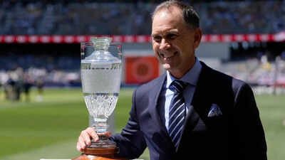 Former Australia cricketer and coach Justin Langer poses for a photograph with the Waterford Crystal trophy. (Reuters File) Justin Langer frontrunner for England coach job; Ravi Shastri, Rahul Dravid not in the race