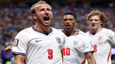 England's Harry Kane (9) celebrates after scoring his side's first goal during the World Cup round of 32 soccer match between England and Congo in Atlanta, Wednesday, July 1, 2026. (AP Photo/Butch Dill) Harry Kane scripts history with DR Congo brace, overtakes Pelé and shatters England’s 60-year World Cup record