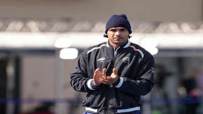 Neeraj Chopra warms up ahead of the Men's Javelin Throw Qualifying round at the Commonwealth Games 2026. (PTI Photo) Neeraj Chopra leads full Indian charge into CWG 2026 javelin final; Rohit Yadav, Yash Vir Singh qualify
