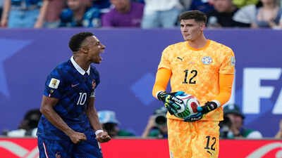 Kylian Mbappe celebrates France's victory as Paraguay goalkeeper Orlando Gill holds the ball (AP Photo/Matt Slocum) Watch: Kylian Mbappe ignores handshake before Paraguay goalkeeper loses cool after France's 1-0 win at FIFA World Cup