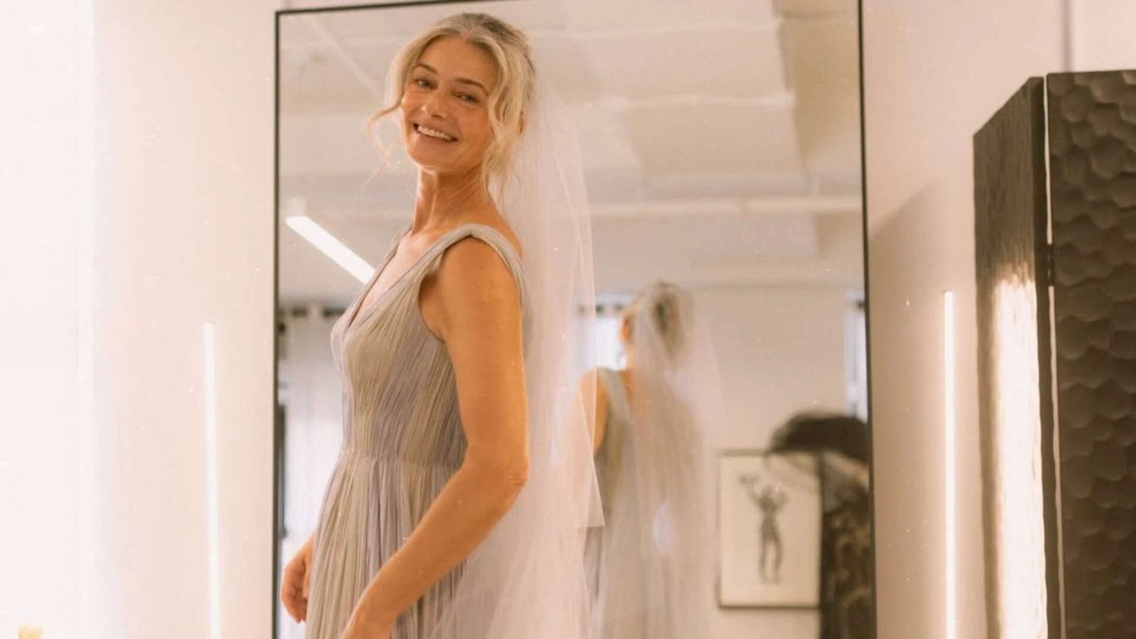 Paulina Porizkova stuns in a custom couture wedding gown at 61