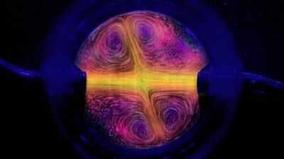False-color particles reveal water flowing into a reverse sprinkler, making the invisible movement of fluid clearly visible.Photo credit: NYU's Applied Mathematics Laboratory Scientists used children’s ‘silly sprinklers’ to solve a physics problem Richard Feynman could not; the reverse version spins 50 times slower