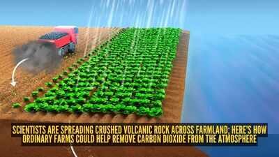 Rock weathering for carbon dioxide removal (Illustration)/ Image Credit: Canva Scientists are spreading crushed volcanic rock across farmland; here's how ordinary farms could help remove carbon dioxide from the atmosphere