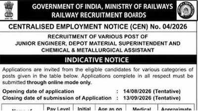 RRB announces 4,098 Junior Engineer vacancies with online applications opening from August 14 RRB JE Recruitment 2026 notification released for 4,098 technical posts with applications starting August 14; check details here