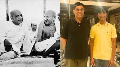 Sardar Vallabhbhai Patel with Mahatma Gandhi and Anshul Bhatt with chess legend Viswanathan Anand Once played by Sardar Vallabhbhai Patel, bridge seeks India's 'chess' moment: How 17-year-old Anshul Bhatt leads its revival