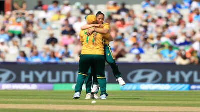 South Africa's Shabnim Ismail (right) celebrates taking a wicket. (AP Photo) Shabnim Ismail scripts history, becomes first bowler to take 50 wickets in Women's T20 World Cup