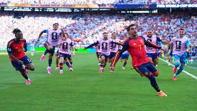 Spain's Ferran Torres (7) celebrates scoring their first goal during the World Cup final against Argentina. (AP Photo) Spain dethrone Argentina to win FIFA World Cup 2026! Ferran Torres delivers extra-time heartbreak to Messi's 10-man side