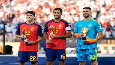 L-R: Spain's Pau Cubarsi, Rodri and goalkeeper Unai Simon pose with their individual awards. (AP Photo) FIFA World Cup 2026 awards: Full winners list as Rodri, Mbappe claim top honours